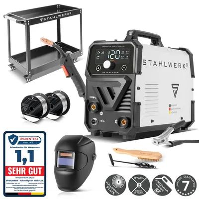 Produktbild von STAHLWERK Schweißgerät Mini FLUX 120 ST Digital – Vollausstattung mit Gerätewagen – Fülldrahtschweißen ohne Gas bis 120 A, Lift-TIG- & MMA-Funktion