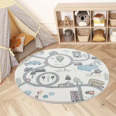 Produktbild von Kinderteppich - Straßen-Stadt-Motiv 160 cm Rund Creme Multi - Kinderzimmer Teppich Modern