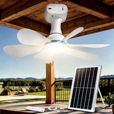 Image de Ventilateur de plafond solaire avec éclairage. Ventilateur de camping portable avec télécommande, batterie de 6000 mAh. Lampe mobile d'extérieur avec ventilateur, 3 vitesses, variateur d'intensité, minuterie
