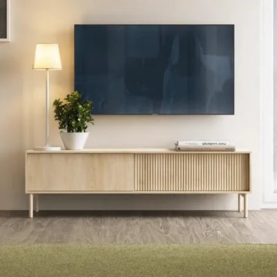 Produktbild von Tv-lowboard TAVO 187 cm eiche cremona riffeloptik push-to-open holzbeine