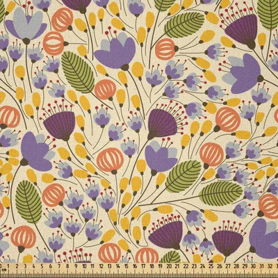 Produktbild von ABAKUHAUS Bunt Microfaser Stoff als Meterware , Romantische Anordnung mit verschiedenen Blumen in der Retro- Gekritzel-Art-soulful Natur, 10 M (230 x 1000 cm), Mehrfarbig