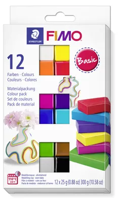 Produktbild von STAEDTLER FIMO soft 8023 ofenhärtende Modelliermasse Materialpackung "Basic Colours" mit 12 Halbblöcken je 25g