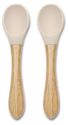 Image de Lorelli Silicone Spoons with Bamboo, lot de 2 – Cuillères pour bébés de 6 mois et plus, tête souple en silicone, manche en bambou, ergonomiques, douces pour les gencives