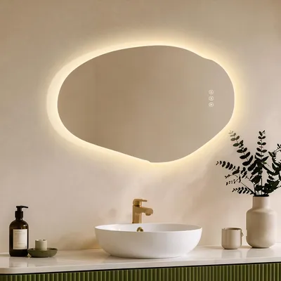 Produktbild von S'AFIELINA Badspiegel mit Beleuchtung 55 × 85 cm, rahmenlos, asymmetrisch,3 Lichtfarben, dimmbar, Antibeschlag und Memory-Funktion