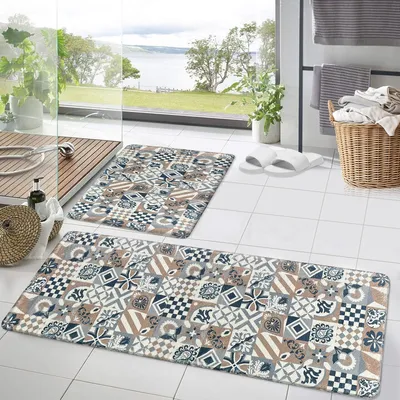 Produktbild von Badteppich Set 2 teilig Badematten Waschbar Badvorleger Teppich Läufer für Badezimmer Vintage Badvorleger Badezimmerteppich 50×160 cm+50×80 cm, 2A2BRB