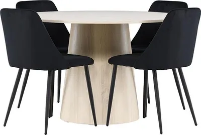 Image de Lanzo ensemble pour salle à manger table Ø120cm et 4 chaises velours whitewash.
