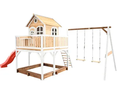 Produktbild von AXI Spielhaus Liam mit Sandkasten, Doppelschaukel & roter Rutsche | Stelzenhaus XXL in Braun & Weiß aus  Holz für Kinder | Spielturm mit