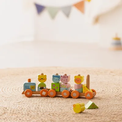 Produktbild von Navaris Holzzug für Kinder - Zug Holzspielzeug mit Tieren Zahlen - Deko Holzeisenbahn stapelbar - Stapelspielzeug für Jungen und Mädchen - 17 Teile