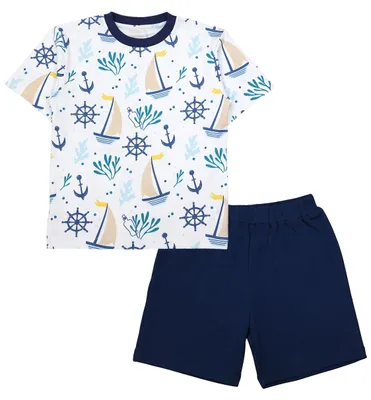 Produktbild von TupTam Kinder Jungen Pyjama Schlafanzug Set Kurzarm Nachtwäsche 2-teilig Sommer, Farbe: Segelboot_Meer, Größe: 122
