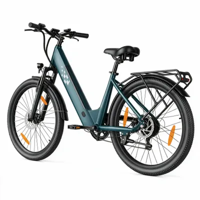 Zdjęcie produktu dla Rower elektryczny damski/męski, miejski, 26 cali, 36V, 10.4Ah, 50Nm, prędkość maksymalna 25 km/h, 7-biegowa przerzutka, rama aluminiowa, wyświetlacz LCD, holenderski rower elektryczny, pedelec, kolor: ciemnozielony