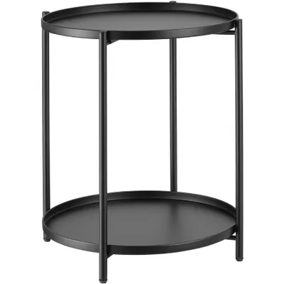 A black metal side table with two circular shelves.