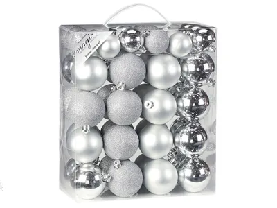 Produktbild von Satz von 50 Stück Ornamente: rund Silber Mix 4 und 6 cm