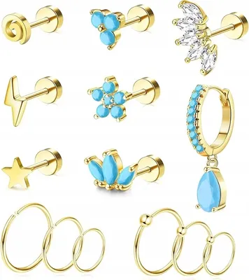 Zdjęcie produktu dla Kolczyki Tragus Chrząstka Stal Chirurgiczna Turkus Zestaw 14 szt. 16G