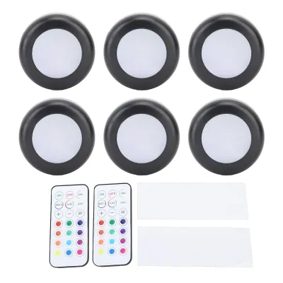 Zdjęcie produktu dla Lampki LED typu puck z pilotem RGB-RGB, funkcją ściemniania i timerem, zasilane bateryjnie, lampki podszafkowe do szafek