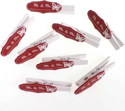 Produktbild von 8 Zwicker 7cm Wäscheklammer Holz Deko Klammmer Tischkartenhalter Hochzeit Spruch, Ausf:rot-Mr. & Mrs.