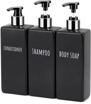 Produktbild von Unyqoos® Nachfüllbare Seifenspender 3er-Set 500 ml, Kunststoff schwarz – Pumpflaschen für Bad & Küche, auslaufsicher, inkl. Etiketten