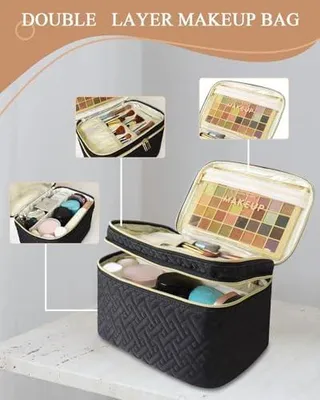 Produktbild von Tragbare, wasserdichte Kosmetiktasche für Damen, doppellagige Schminktasche mit Pinselfach für Reisen, schwarz