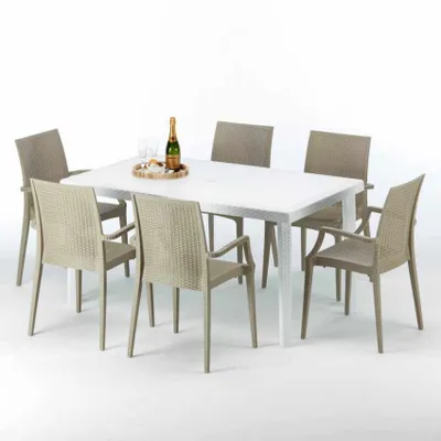 Produktbild von Weiß Rechteckig Tisch und 6 Stühle Farbiges Polypropylen-Außenmastenset Grand Soleil Arm Bistrot Summerlife - Beige