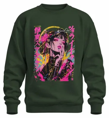 Imagen del producto de Sudadera con cuello redondo, estilo "waifu", con motivos de anime, manga, cyberpunk, Japón, estética Y2K y otaku. Color verde botella, talla XL