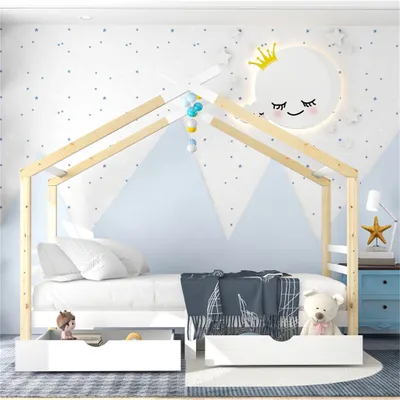 Produktbild von Jugendbett Kinderbett Hausbett mit Schubladen, Massivholz mit Lattenrost, Kiefernholz Hausbett, Kinder und Jugendzimmer, weiß+holzfarbe