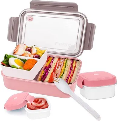 Obrázek produktu pro Uniqoos® Obědová krabička (Bento-box) o objemu 1,4 litru s přihrádkami, odnímatelnou vložkou, příborem a 150 ml nádobou s těsněním, materiál PP, bez BPA, růžová barva, vhodná do mikrovlnné trouby a myčky (víko není vhodné)