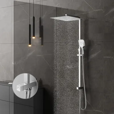 Produktbild von Duschsystem ohne Armatur, Regendusche Ohne Armatur,Duschset mit Duschkopf 30x30cm, Handbrause mit 3 Strahlarten, Edelstahl Duschstange