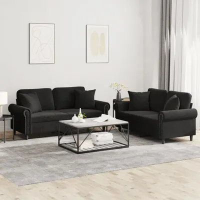 Produktbild von Design 2-tlg. Sofagarnitur mit Kissen Schwarz Samt, Schlafsofas 2024 Neu