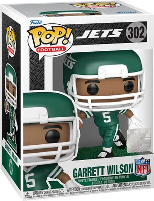 A Funko Pop! vinyl figure of football player Garrett Wilson in his New York Jets uniform, displayed in its original packaging.