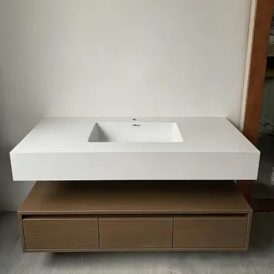 Produktbild von Integriertes Waschbecken aus Sinterstein-Keramik, Wandwaschbecken mit Hahnloch, Badezimmerschrank mit Schublade und LED-Spiegel 120*55cm 【YBTC383-120】