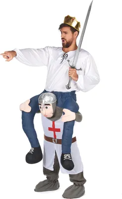 A man wearing a costume that makes it look like a knight is carrying him on his shoulders. The man is holding a sword and pointing to the left.