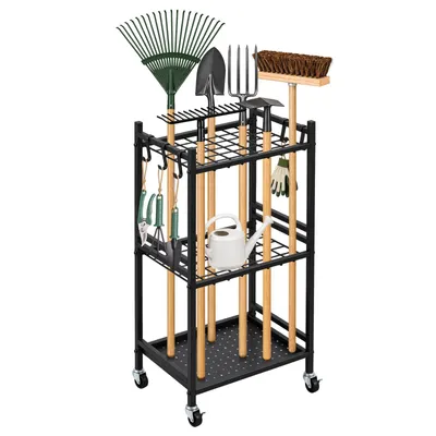 Produktbild von Gartenwerkzeug Organizer mit Rollen – Mobile Gartengeräteständer mit 35 Fächern, Fahrbarer Gartengeräte Ständer für Garage & Gartenhaus
