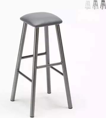 A single gray metal stool with a gray leatherette seat is shown against a white background. Three smaller, less detailed images of stools in white, gray, and black are visible in the upper right corner.