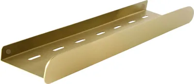 A gold-colored bathroom shelf with small slots along the top edge and magnetic circles on the left side.