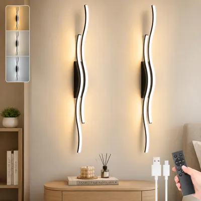 Produktbild von Wellenlinie Wandleuchte Innen Akku 100 cm, kabellos LED Wandlampe, 3000-6500K, dimmbar, Fernbedienung, Modernes, 2er Pack für Wohnzimmer/Schlafzimmer/Flur/Treppenhaus