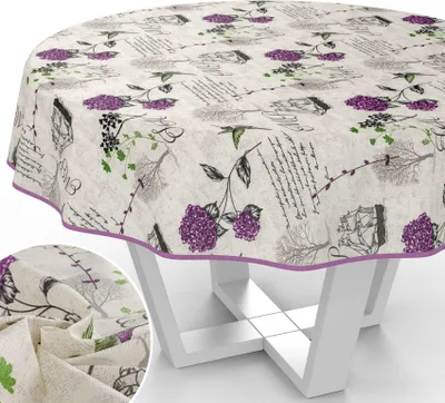 Produktbild von Tischdecke Hortensien mit Blumen Botanik aus Stoff Tischwäsche mit Beschichtung Tischtuch Barock Beige Rund 120cm mit Paspelband