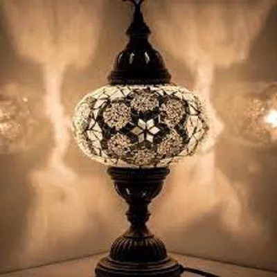 Produktbild von Türkische Tischlampe mit 13 cm Mosaikglas in Weiß - Orientalische Lampe für stimmungsvolles Licht