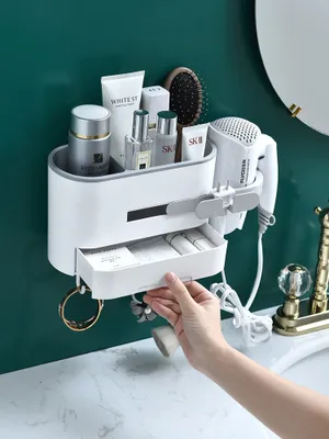 Produktbild von Haartrocknerhalter, Kabelhalter, Badezimmer Organizer-Aufbewahrung, Ohne Bohren Ablage Organizer Nagelfrei Selbstklebend Kein Schaden. (grau)