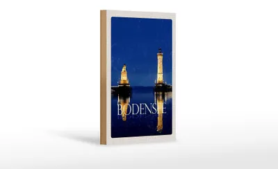 Produktbild von Holzschild Reise 12x18 cm Bodensee Deutschland Leuchtturm Nacht