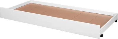 A white bed drawer with a brown wooden base and black wheels.