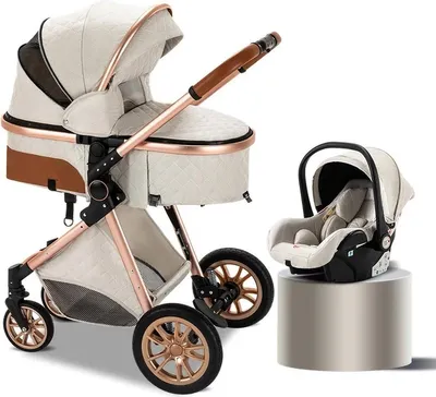 Produktbild von Luxus Multifunktionaler 3-in-1 Kombi-Kinderwagen – Hochwertiger Buggy – Faltbarer Sportwagen – Inkl. Autositz – Creme