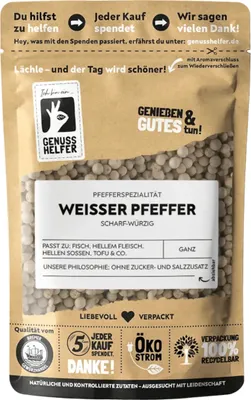 Produktbild von Weißer Pfeffer, ganz, intensive Schärfe, helle Pfefferkörner zum Kochen, für die Pfeffermühle, 150g