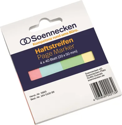 Produktbild von Soennecken Haftmarker Recycling 20 x 50 mm (B x H) rot blau grün gelb 40 Bl./Block 4 Block/Pack.