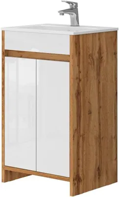 Produktbild von Badezimmermöbelset 50 cm mit Einbauwaschtisch - Schrank mit 2 Türen - Eiche Goldkraft & Hochglanz Weiß