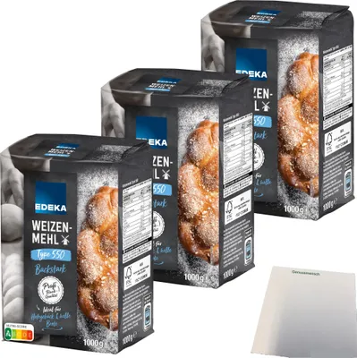 Produktbild von Edeka Weizenmehl Type 550 ideal für Hefegebäck und helle Brote 3er Pack (3x1kg Packung) + usy Block