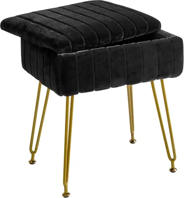 Immagine prodotto di Pouf con spazio contenitore, dotato di 4 gambe in metallo, antiscivolo, rivestito in ecopelliccia nera, ideale per la camera da letto