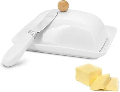 Productafbeelding van Keramische boterpot met deksel en mes - Porseleinen servies voor boter - Ideaal voor alle gangbare hoeveelheden boter (250 gram)