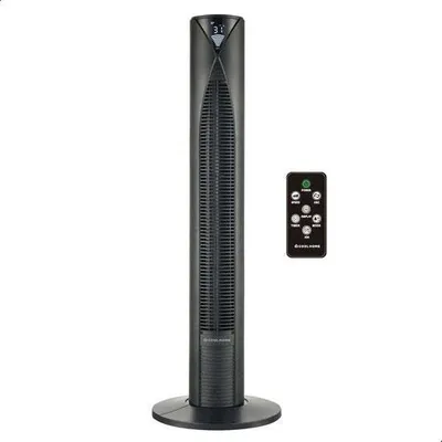 A black tower fan and its remote control are shown against a white background.