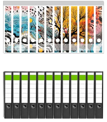 Produktbild von Wallario 12 Stück schmale Ordner inkl. Klebeetiketten mit Motive Abstrakter Sonnenaufgang -  Set mit Rückenschildern / Ordnerrücken Stickern