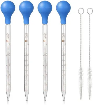 Image de Kit Azomor comprenant 4 pipettes compte-gouttes en verre avec embouts en caoutchouc et brosses de nettoyage