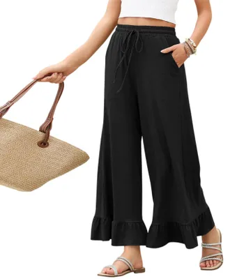 Produktbild von ASKSA Damen Sommerhose Laenge Weites Bein Sommer Hose mit Rueschensaum Solid Color Casual Pants High Waist Casual (Schwarz,S)